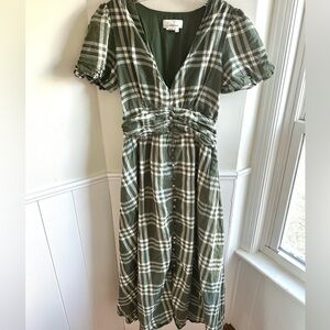 Anthropologie Katerina Button-Front Green White Plaid Midi Dress Boho Size M